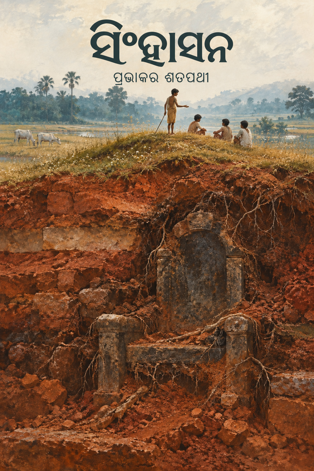 ସିଂହାସନ — ପ୍ରଭାକର ଶତପଥୀ. A cowherd stands above a throne buried in red earth and roots.