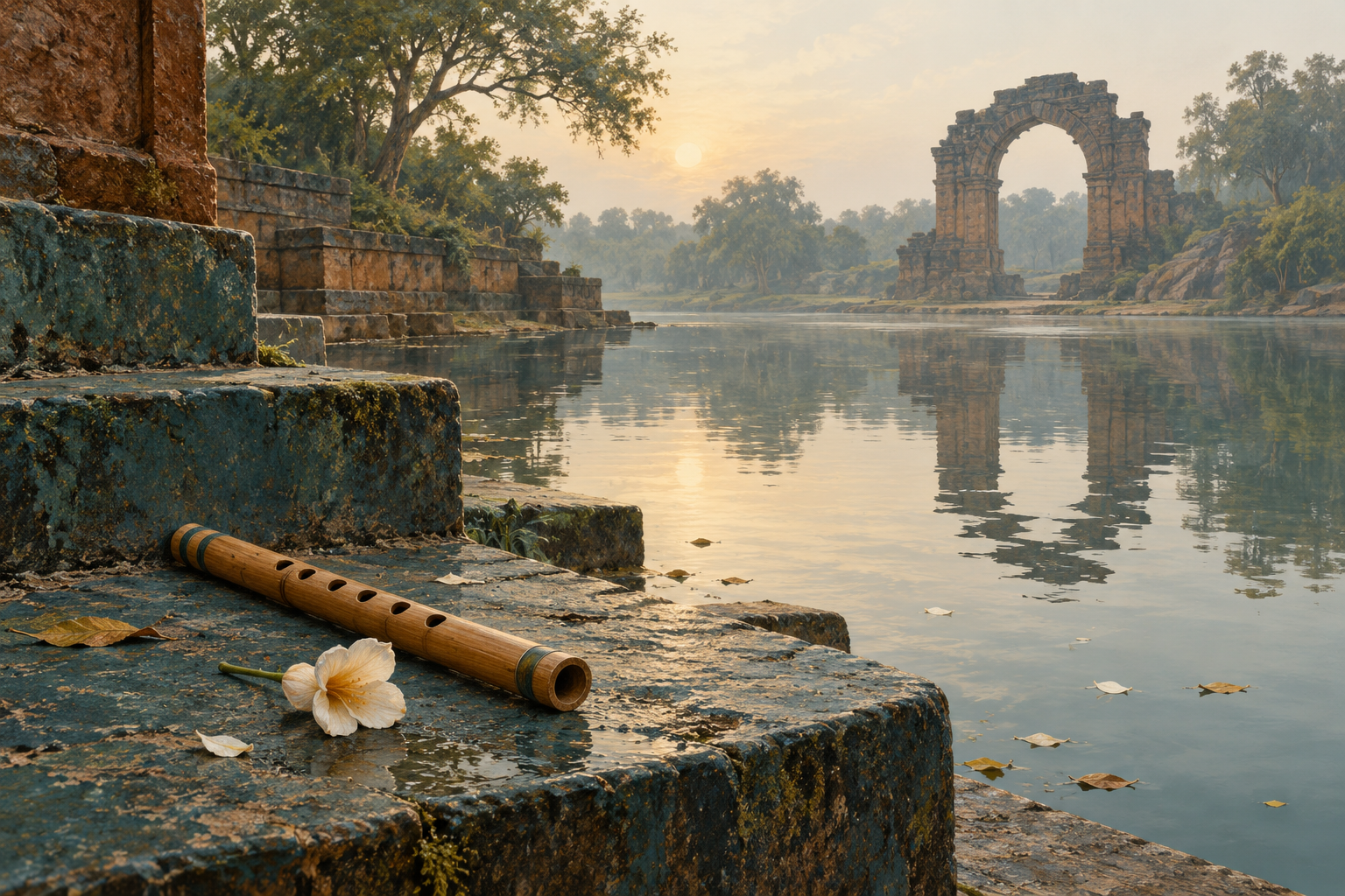 A bamboo flute and pale flower rest beside still water.