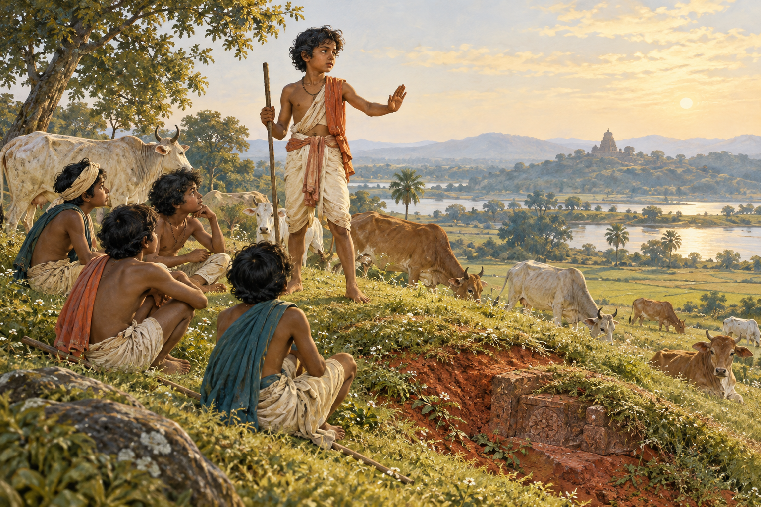 A young cowherd stands firmly on a grassy mound and quiets his seated companions.
