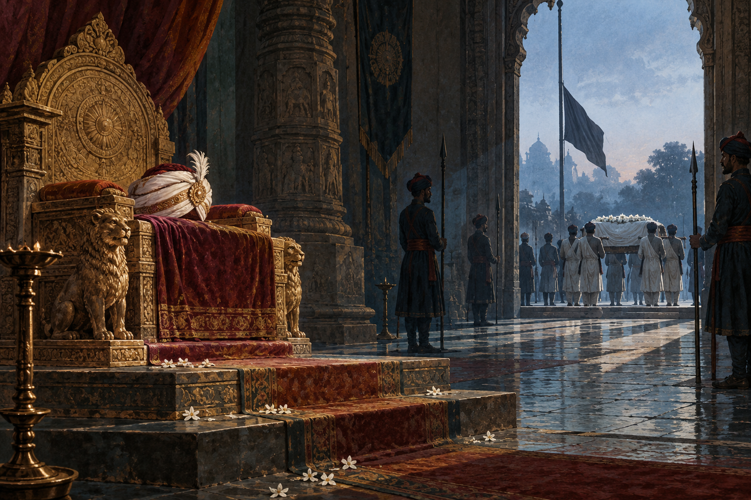 An empty ceremonial turban rests on a newly prepared throne in a guarded hall.