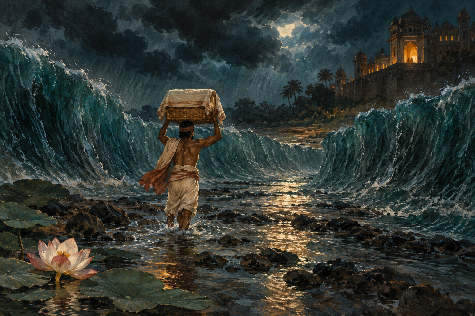 A father wades through a parted dark river carrying a small covered woven cradle above his head, beneath monsoon clouds.