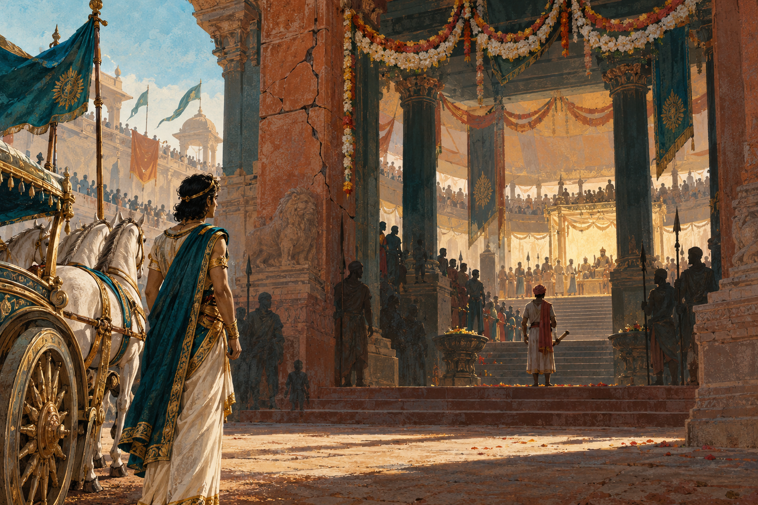 A young traveller’s chariot waits outside a festive palace arena.