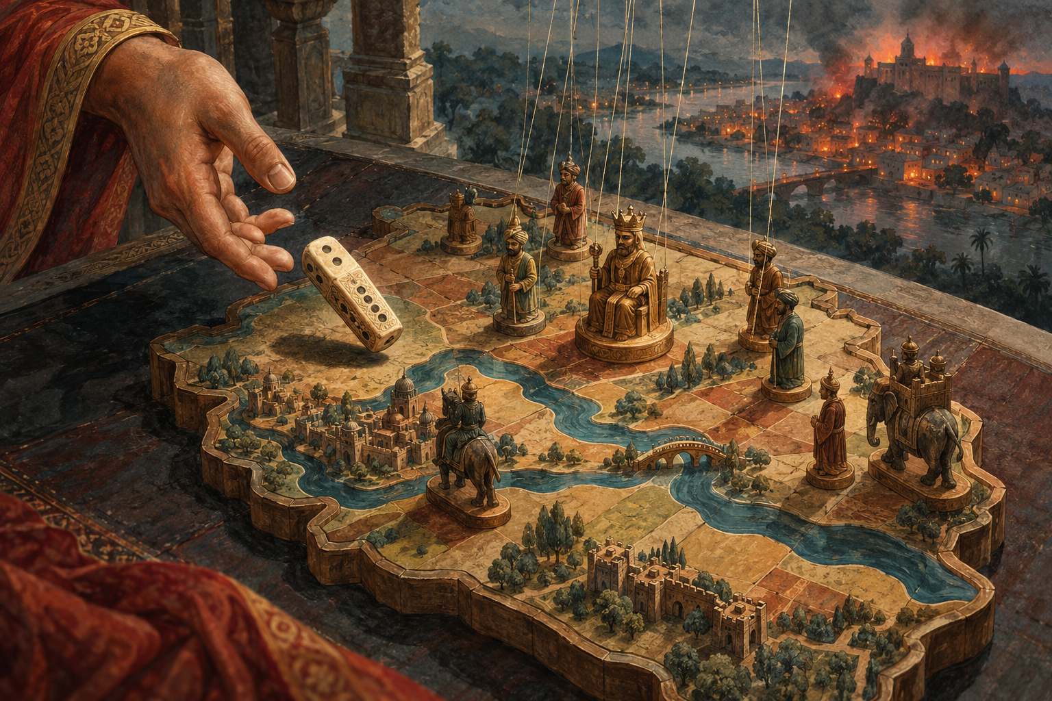 A hand releases a single elongated ancient gaming die onto a board shaped like a small kingdom.