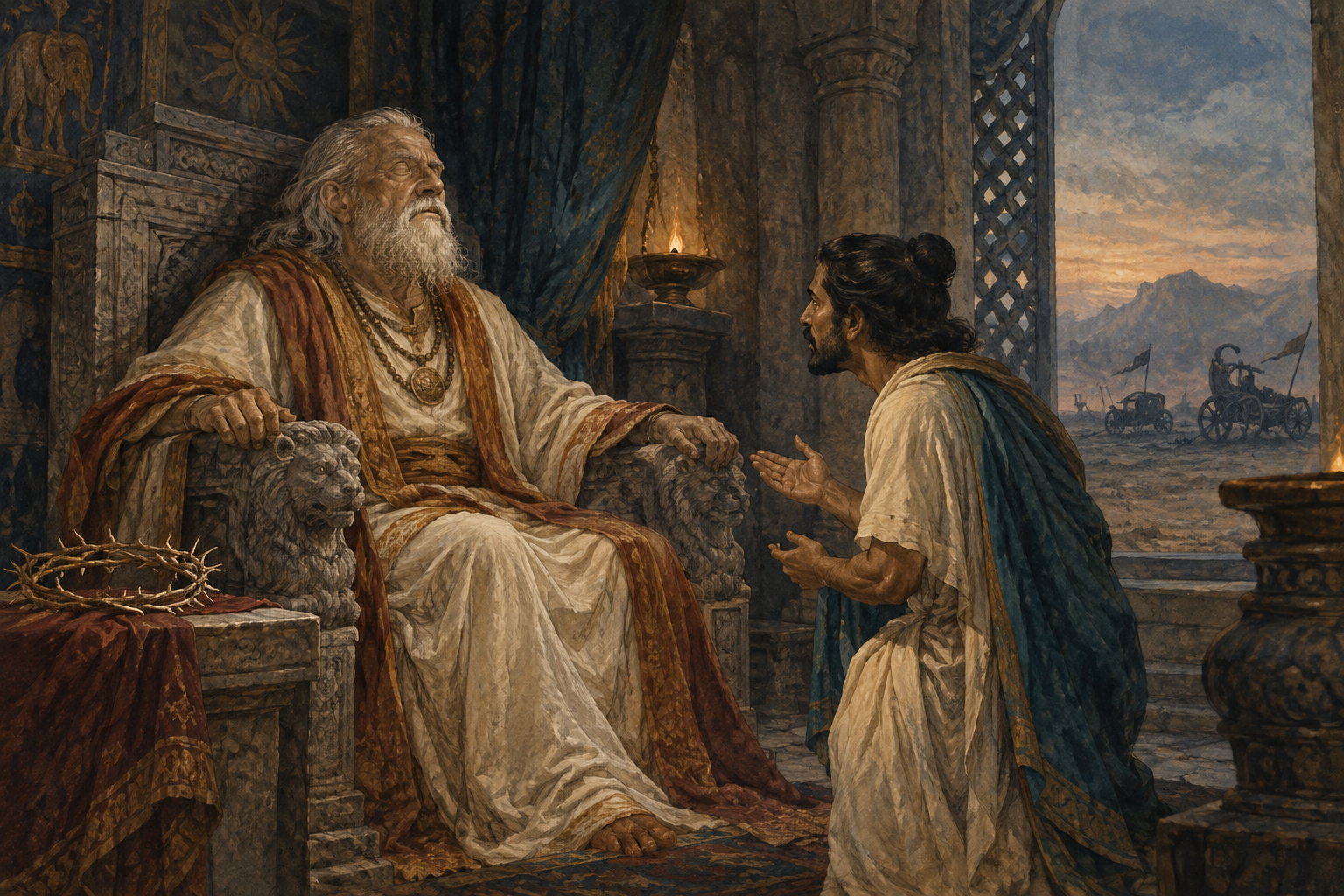 An elderly blind king, eyes closed naturally, grips the arms of a stone throne in a dim hall.