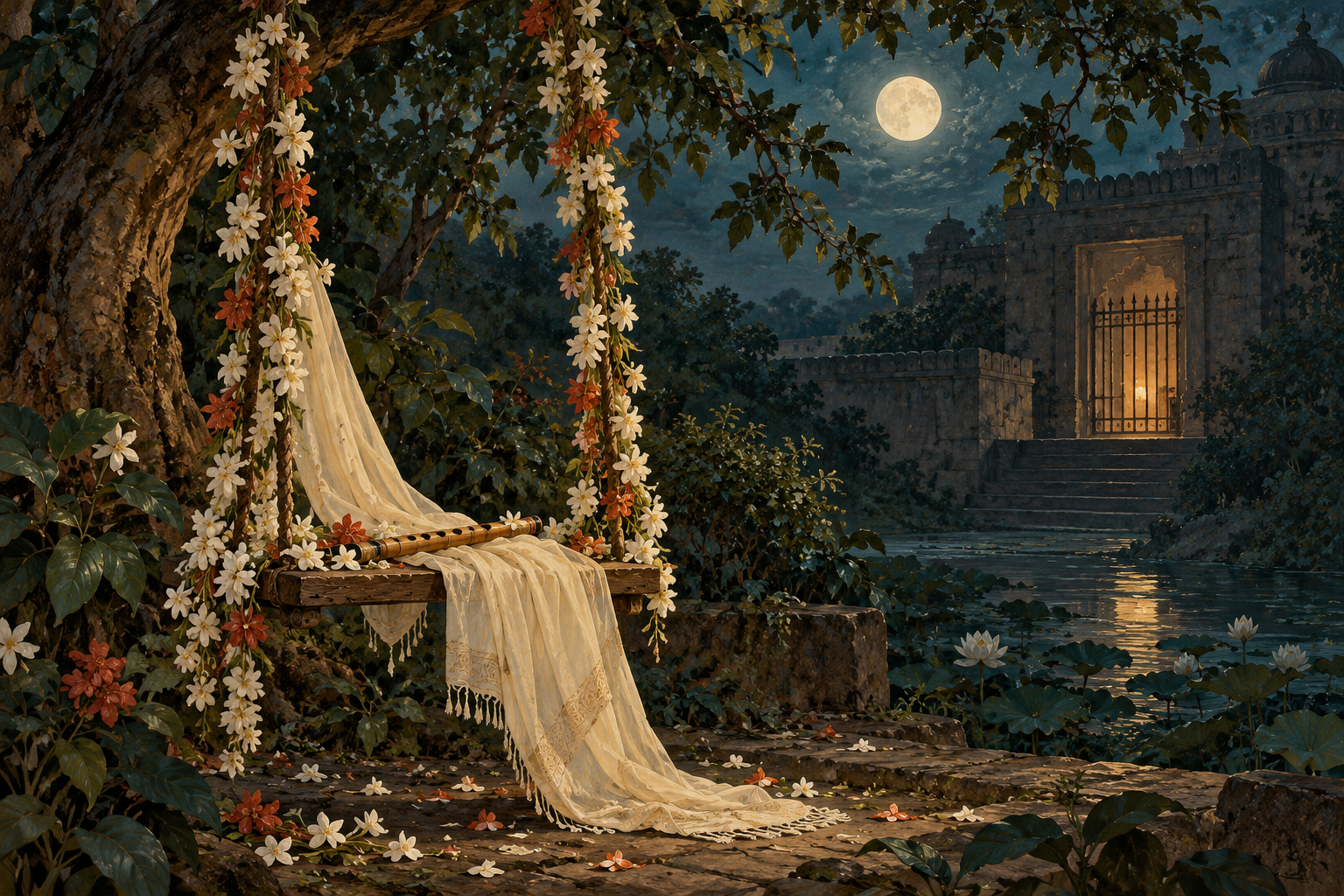 An empty flower-hung swing with a bamboo flute and flowing modest ivory shawl in a moonlit grove; through foliage a small iron-guarded jewel chamber doorway glows dimly.
