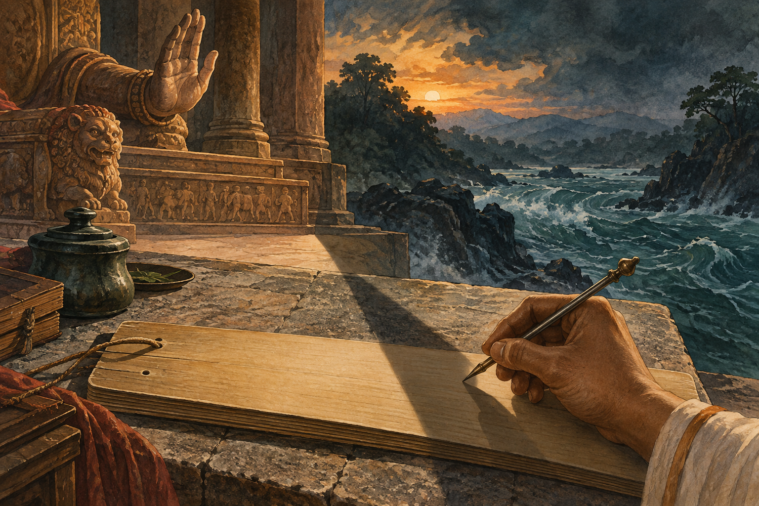 A fine metal stylus hovers over an unlettered palm-leaf manuscript on a stone desk.