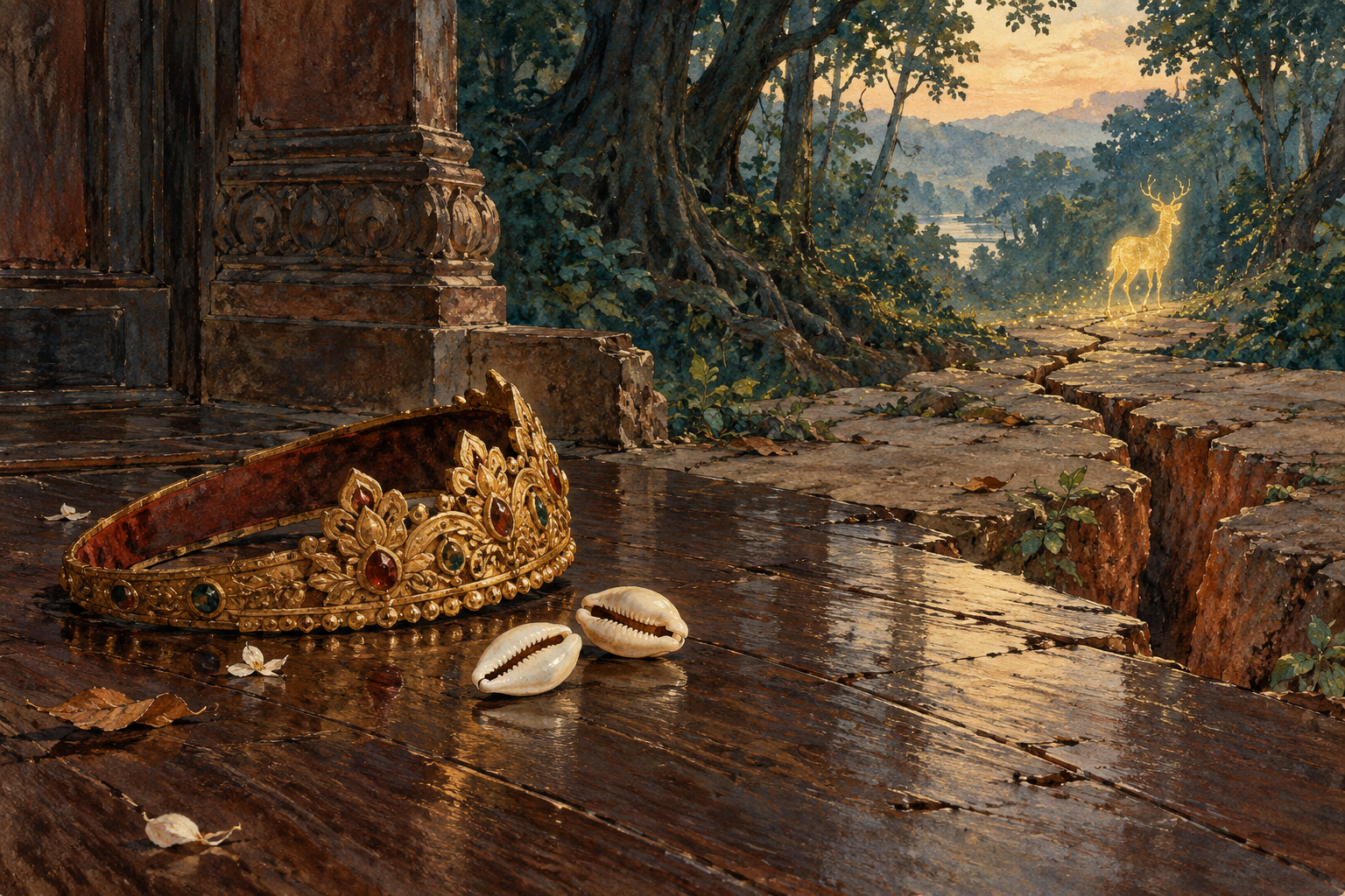 Two pale cowrie shells rest beside a displaced royal circlet on a dark wooden floor.