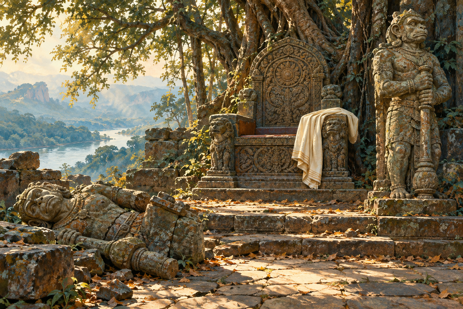 Two weathered simian-faced stone warrior statues flank a forest throne; one statue lies toppled, the other remains upright.