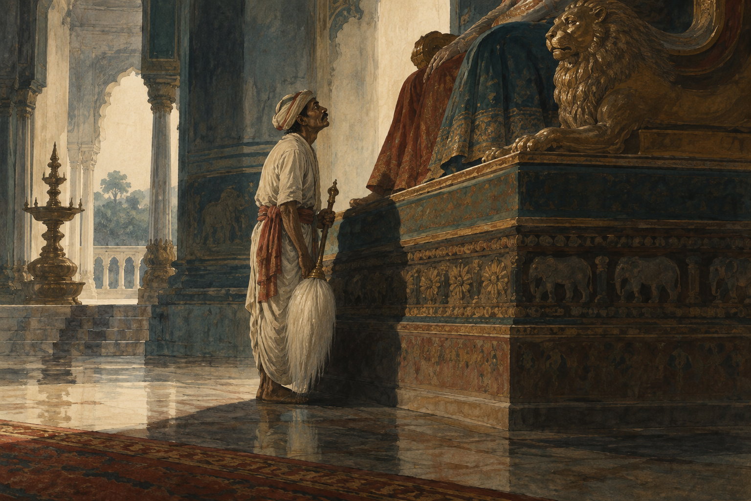 A tired court attendant holding a white fly-whisk stands very close to a huge throne, his face tilted toward the unseen ruler for the slightest acknowledgement.