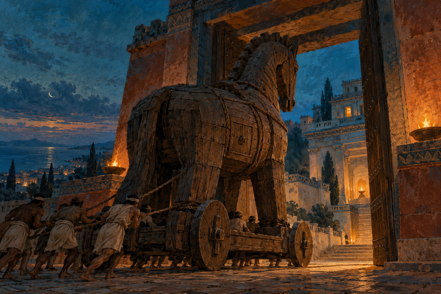 A large wooden horse is being drawn through a fortress gateway at blue dusk.