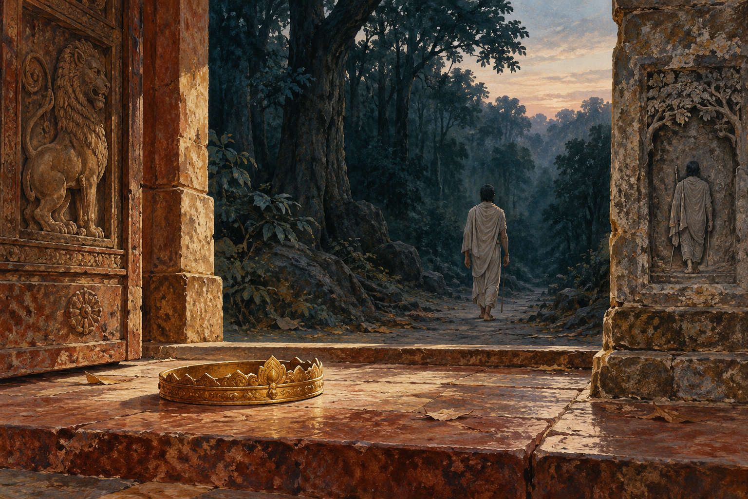 A gold circlet lies on the palace threshold; beyond it a solitary plainly robed figure walks into a dark forest, seen from behind.
