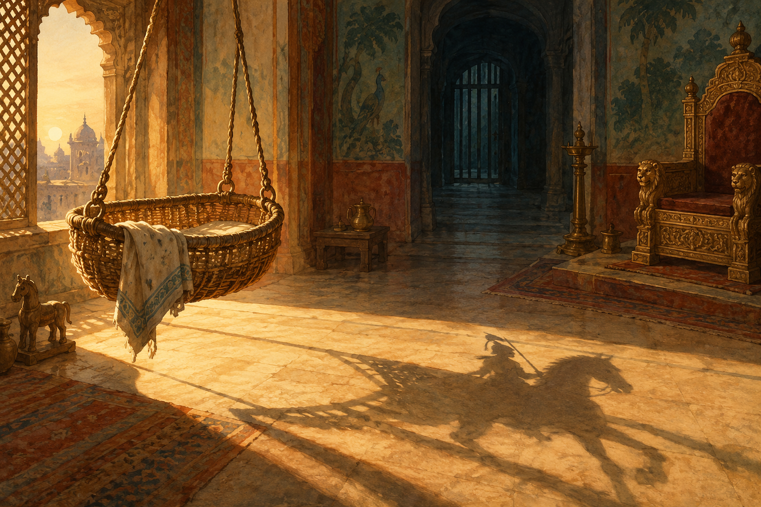 An empty woven cradle in a warm dawn-lit nursery casts a shadow shaped like a mounted rider across the floor toward a royal chair.