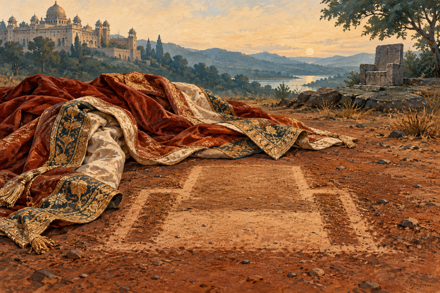 A richly folded royal robe rests directly on a simple patch of dusty earth, yet the dust beneath it has the clean rectangular outline of a throne.