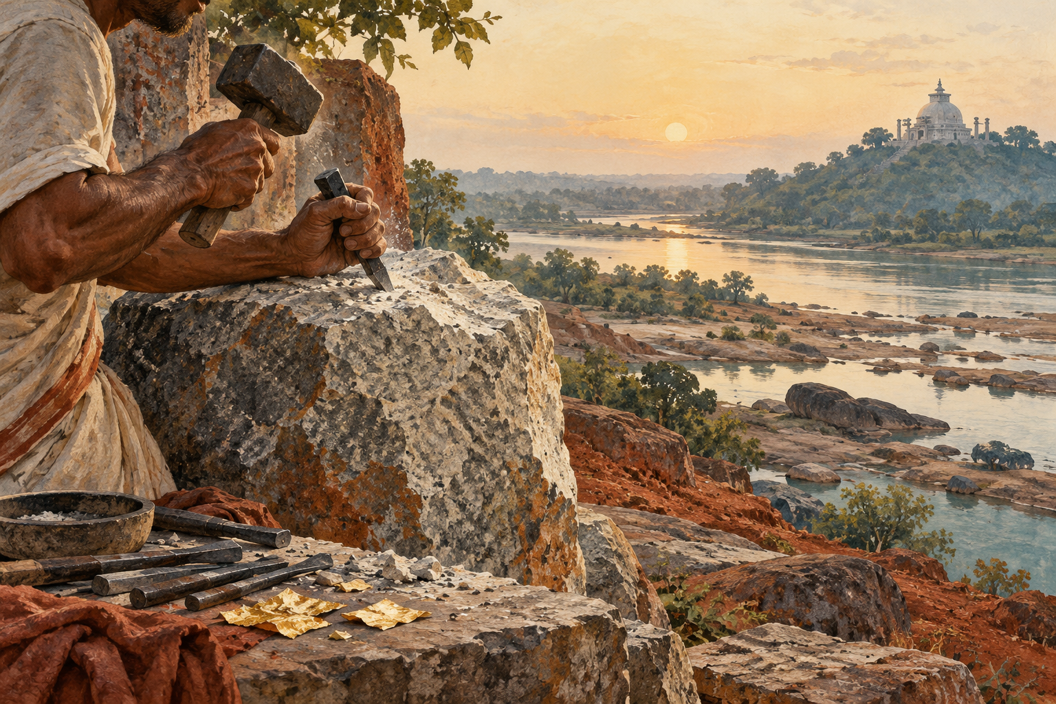 A stone carver's hands and chisel work on a blank weathered rock above the Daya river, with a low rounded Dhauli-like hill beyond.