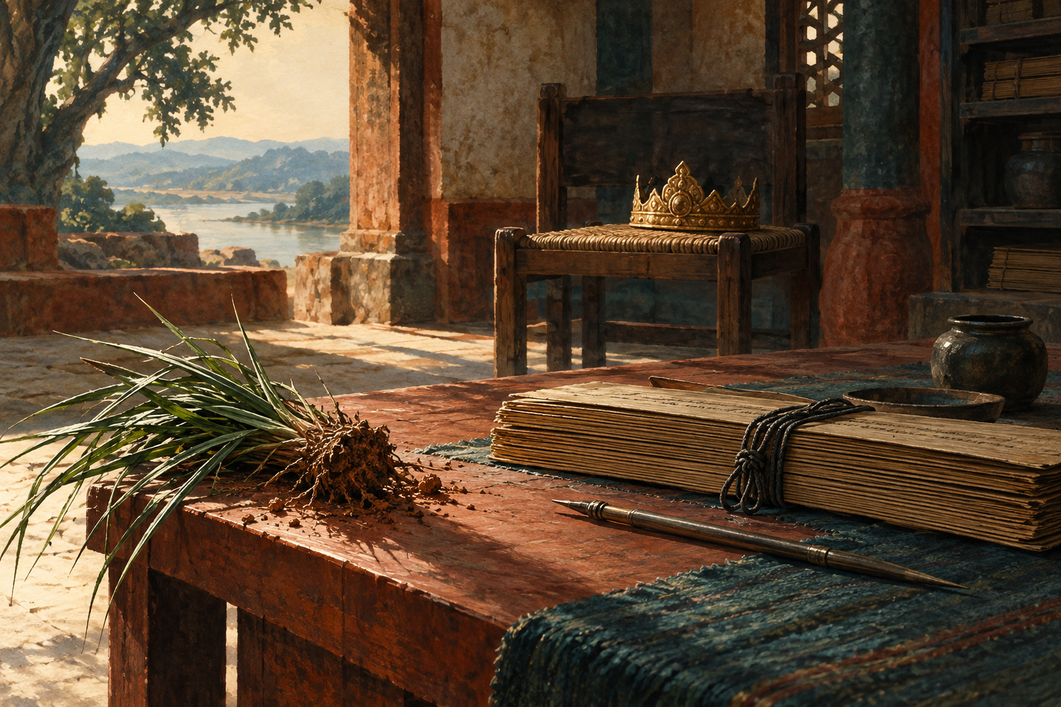 An uprooted tuft of sharp kusha grass lies beside a scholar's palm-leaf manuscript, stylus and tightly knotted cord.