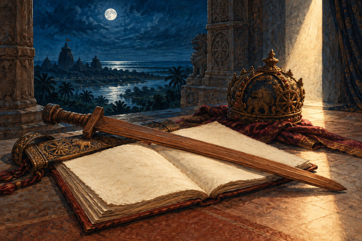 A plain wooden sword withdrawn from an ornate scabbard lies across an open unlettered manuscript.