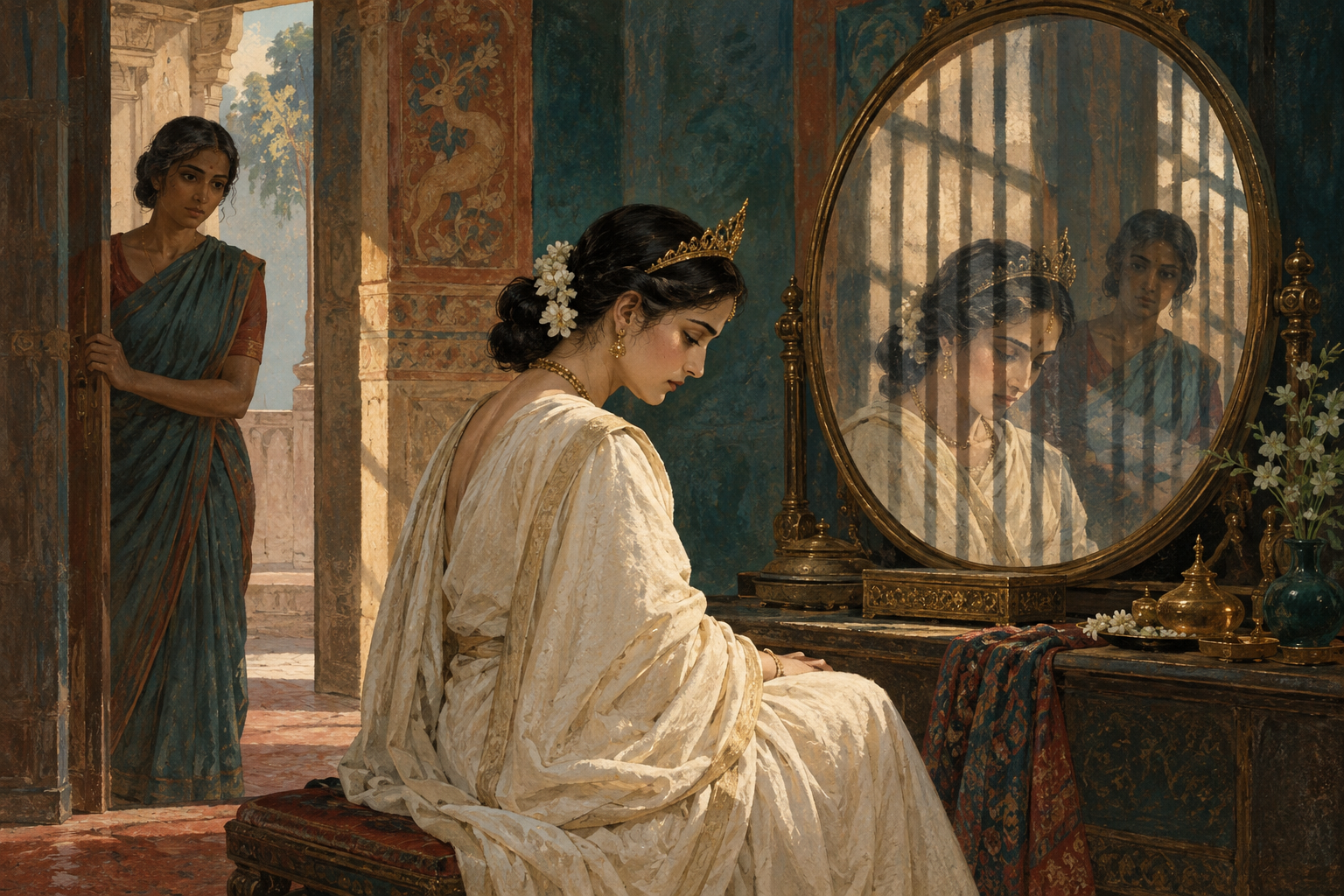 A queen in a plain ivory sari sits before a bronze mirror, eyes lowered; a woman attendant in modest cotton pauses in the doorway.