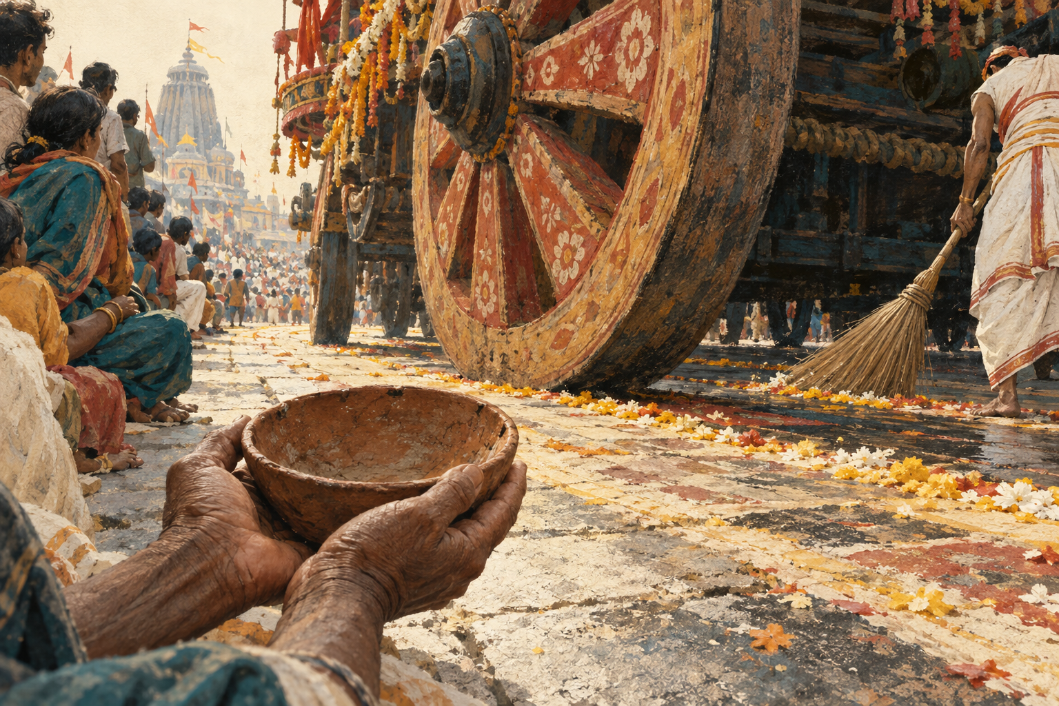 A huge ceremonial chariot wheel rolls past the edge of a modest crowd in an Odisha street.