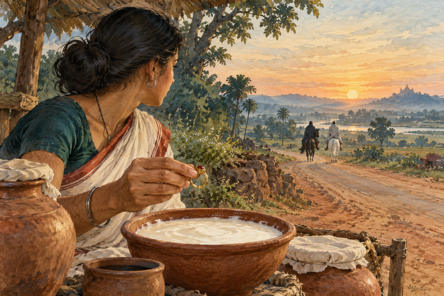 On a rural roadside a milk-seller holds a small jewelled ring over an earthen bowl of curd.