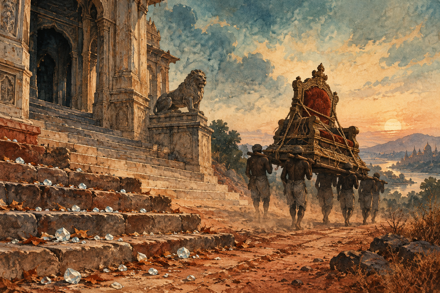 An ornate but weathered throne bound with heavy ropes to a travelling pack platform moves away along a dusty road, carried by porters.