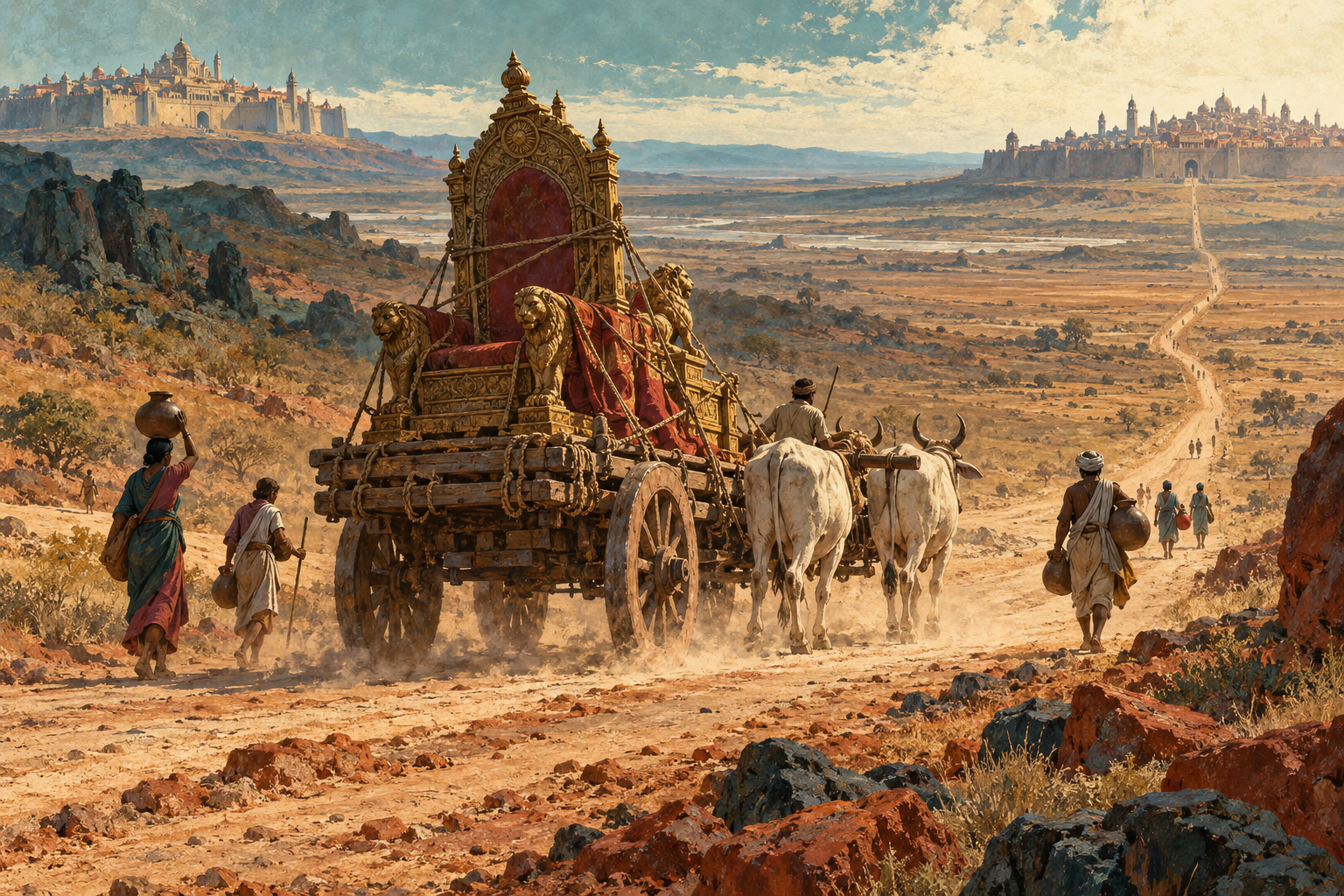 A throne lashed to a creaking bullock cart on a long barren road between two very distant walled cities.