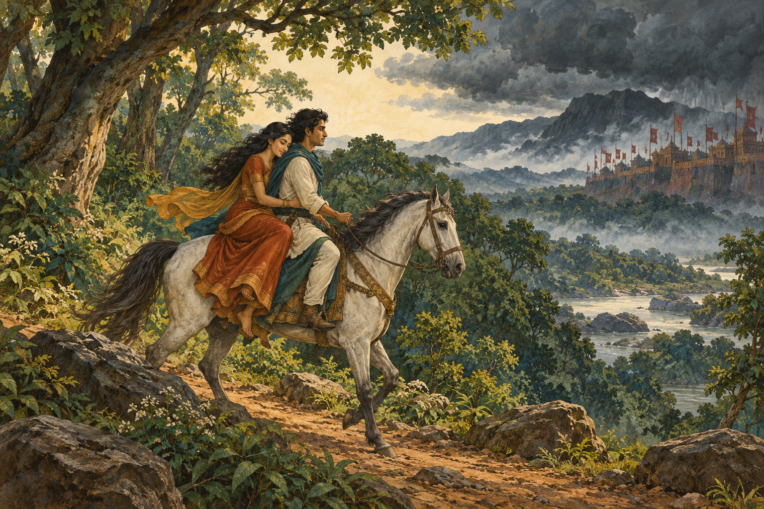 Two young lovers ride together on one horse along a lush forest path, seen in soft side profile, their expressions peaceful.