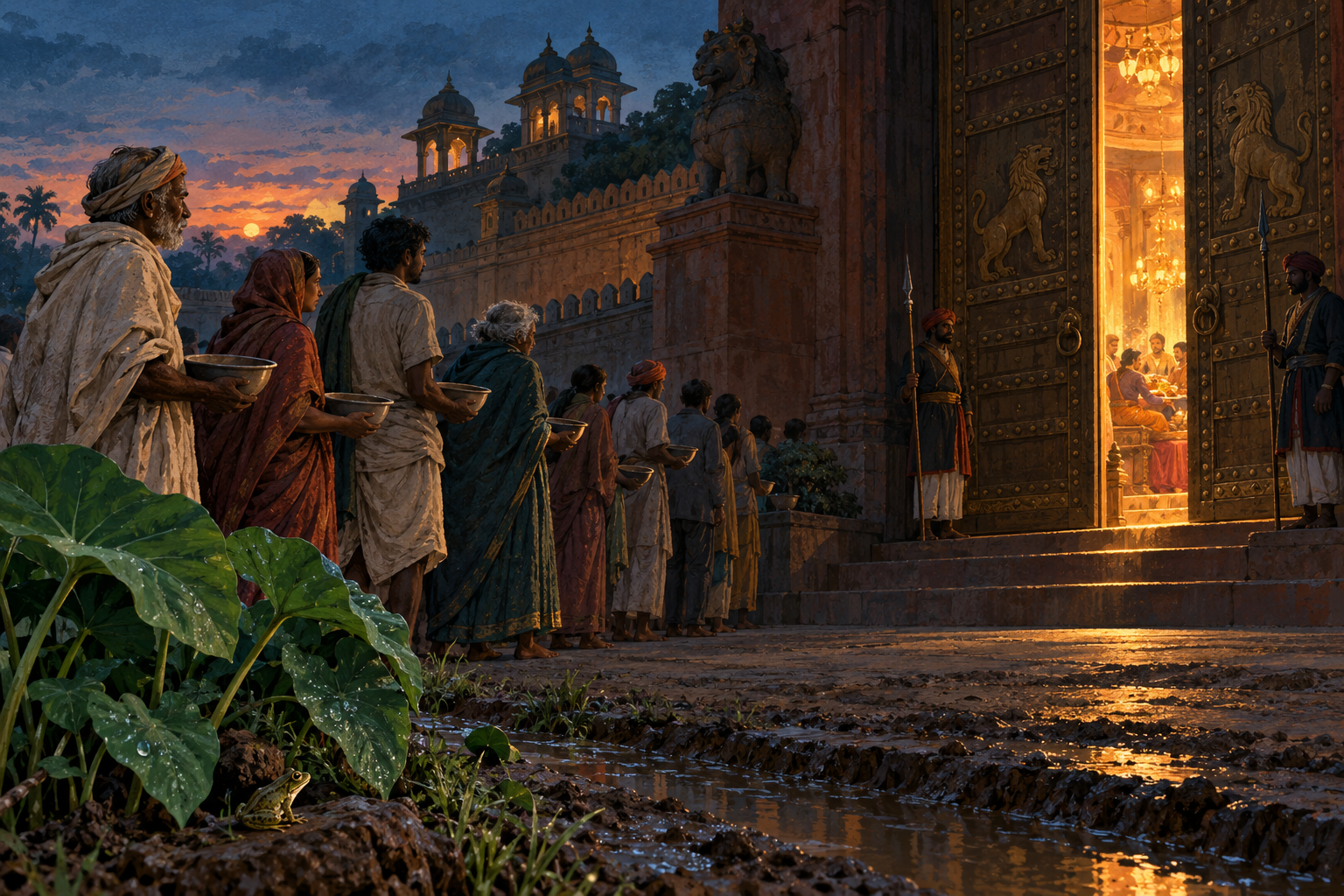 A line of ordinary adults waits outside closed palace doors holding empty bowls.