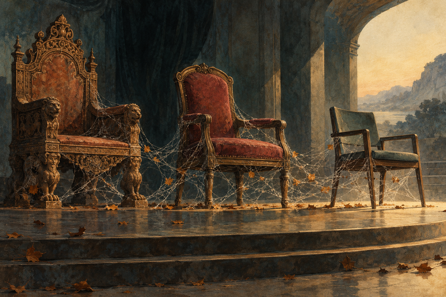 Different empty seats from different eras stand in a curved row on a dim stage: carved throne, upholstered state chair, austere modern chair.