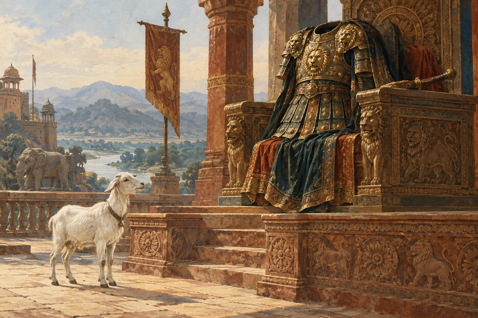 A luxurious armoured ceremonial coat hangs over a throne, carefully padded and reinforced.