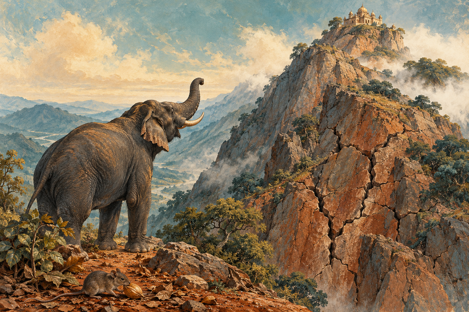 A majestic living elephant stands safely at the foot of a very steep mountain, looking up at a tiny palace on the summit.