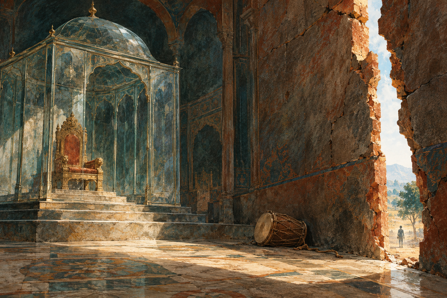 A hairline crack in a high fortress wall opens toward daylight.