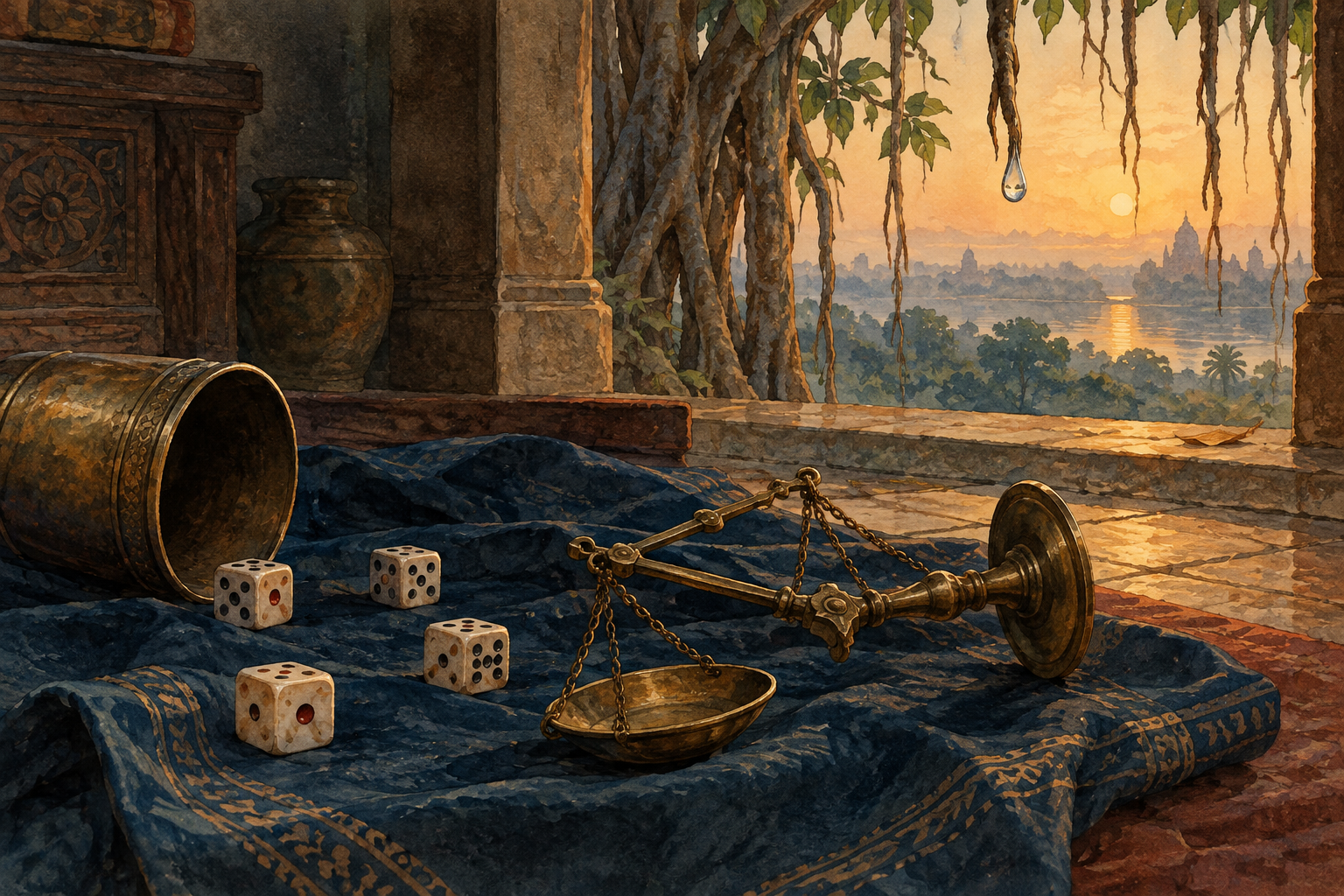 A small justice balance has been laid sideways beside dice and an overturned cup on an indigo game cloth.