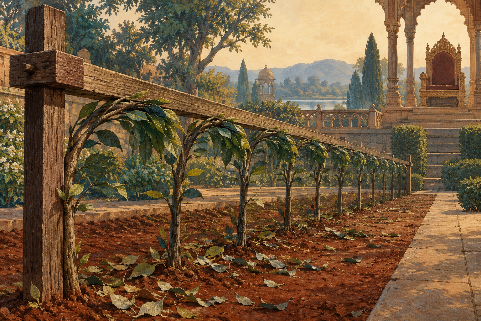 A row of living saplings has been forced under a rigid horizontal wooden measuring beam in a palace garden.
