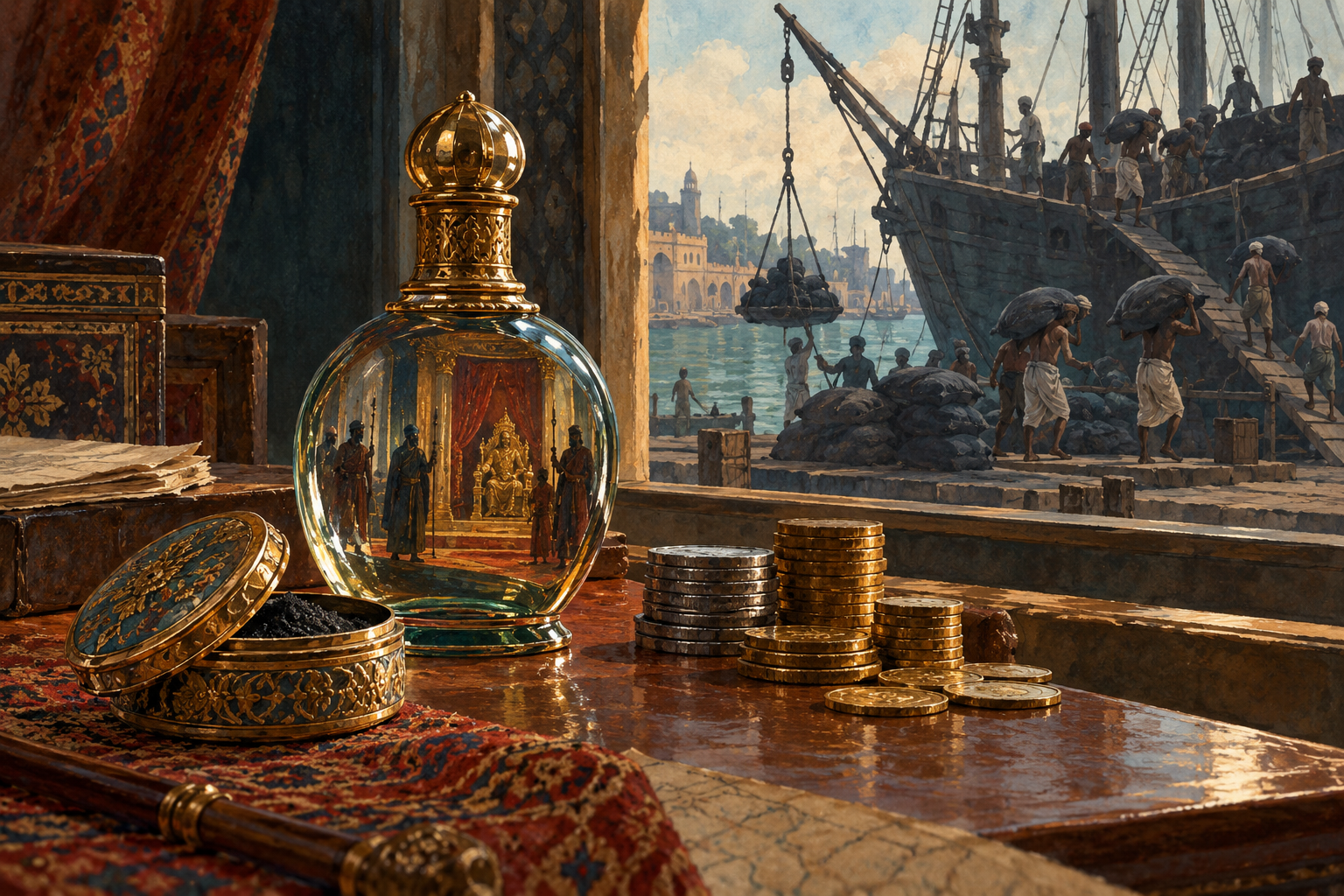 A small ornate snuffbox, perfume bottle and stacked coins on a merchant's desk.