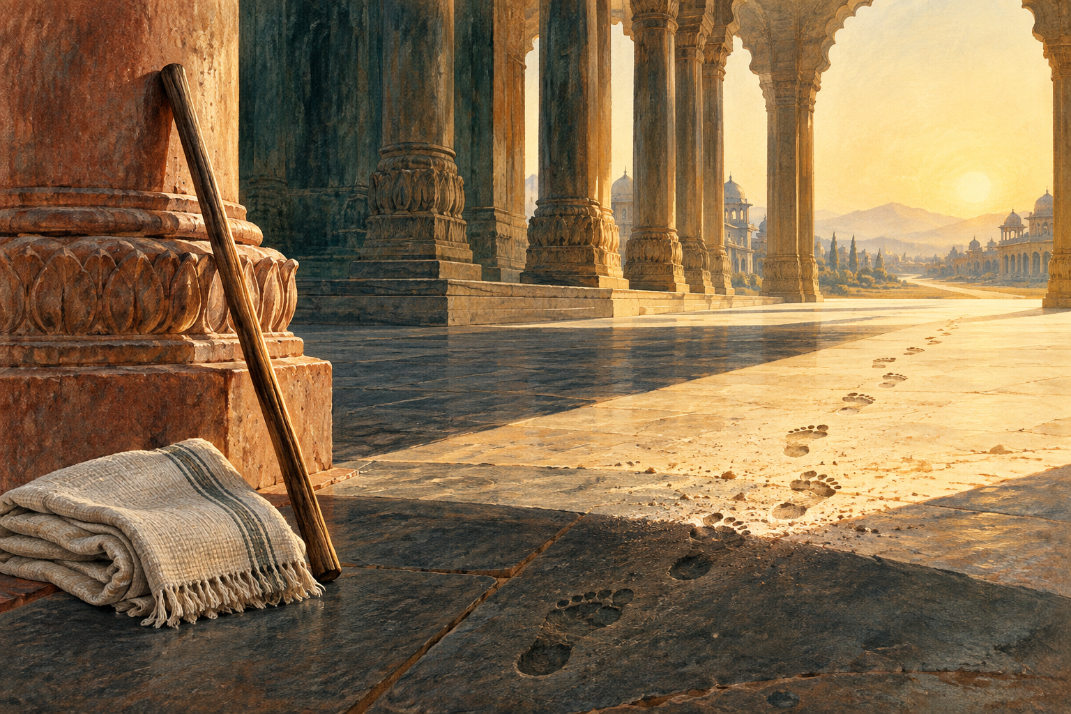 A plain walking staff and folded homespun cloth in the foreground of an immense sunlit imperial colonnade.