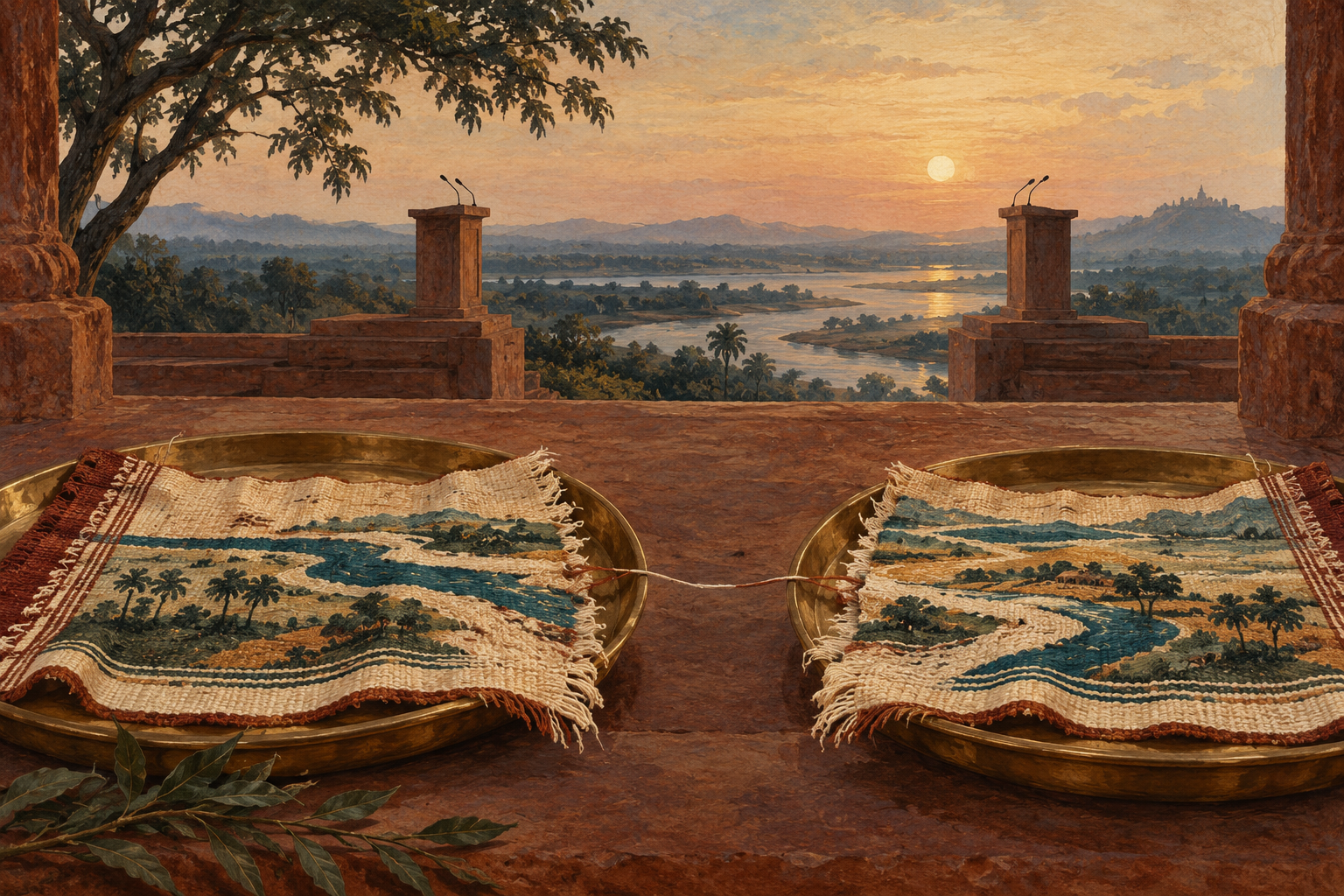 A single handwoven cloth shaped loosely like a river-crossed landscape has been cut into two and laid on separate brass trays.