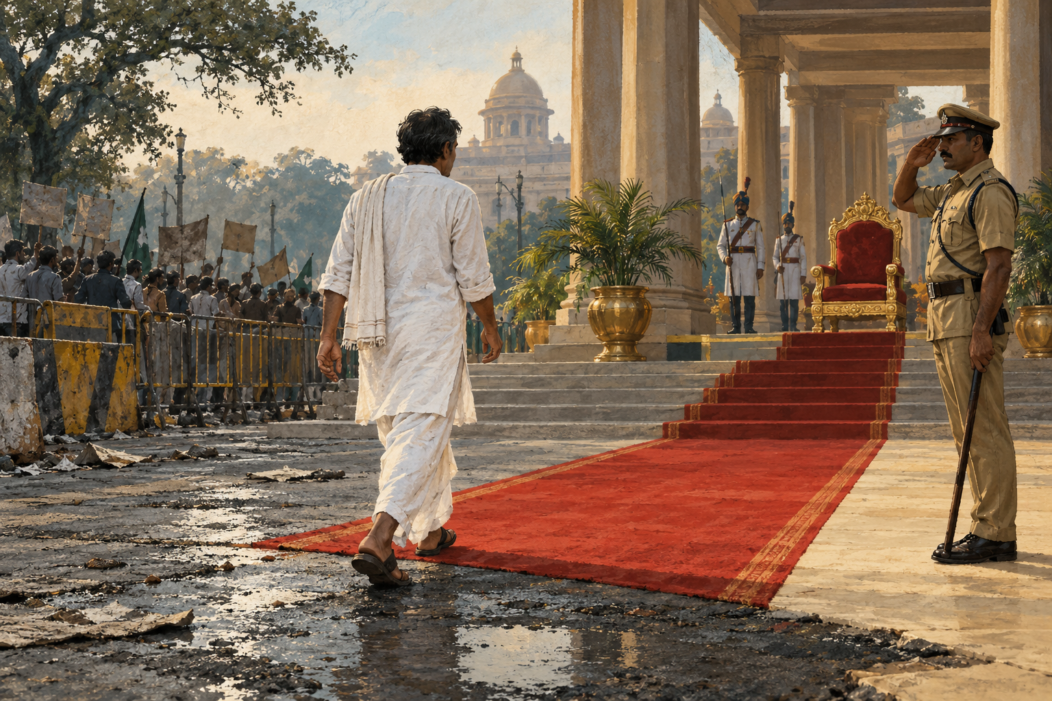 A man in plain white cotton walks from a worn protest road onto a newly laid ceremonial carpet.