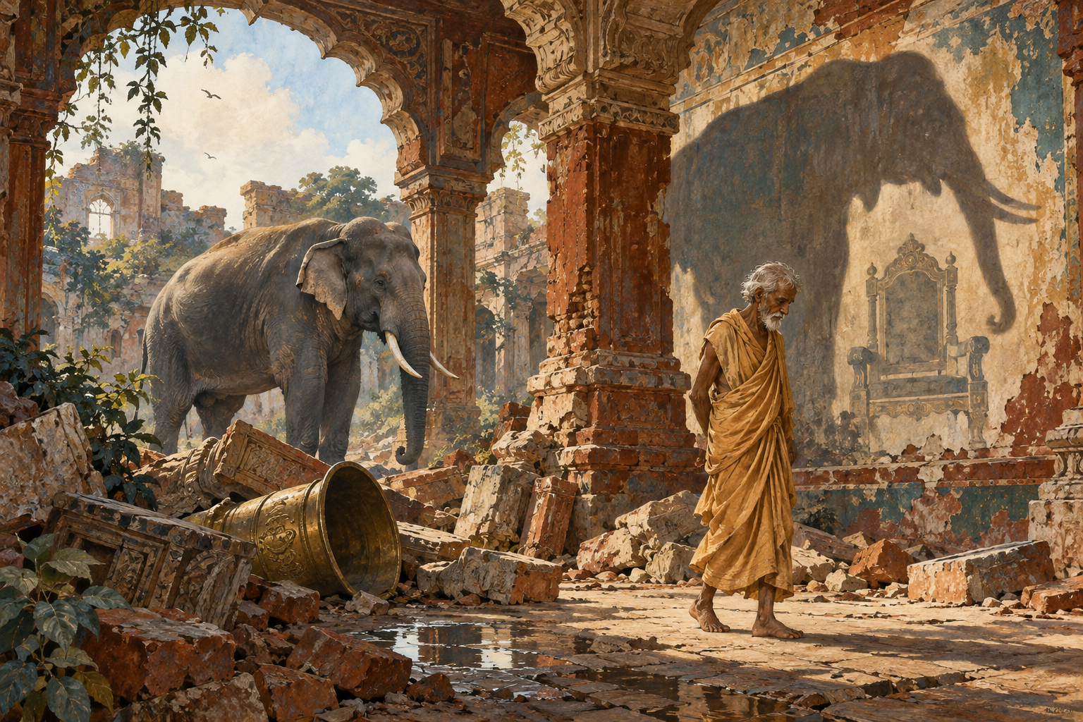 A barefoot older man in a simple ochre wrap walks beneath ruined palace arches.