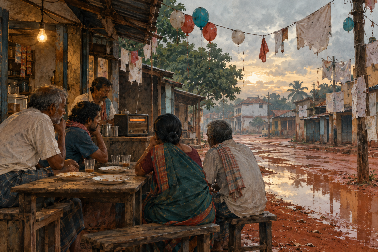 Faded election balloons and blank torn posters hang above a deserted street washed with muted red laterite dust after rain.