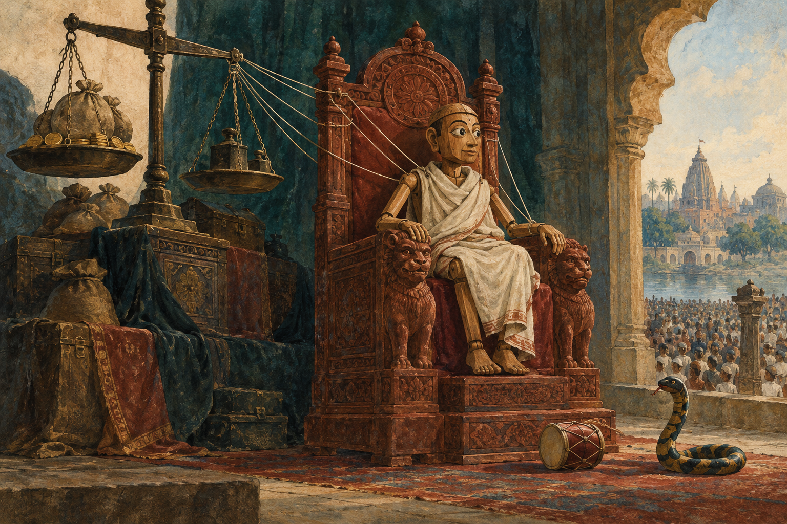 A small carved wooden puppet dressed in a plain saint-like shawl sits on an oversized state chair.