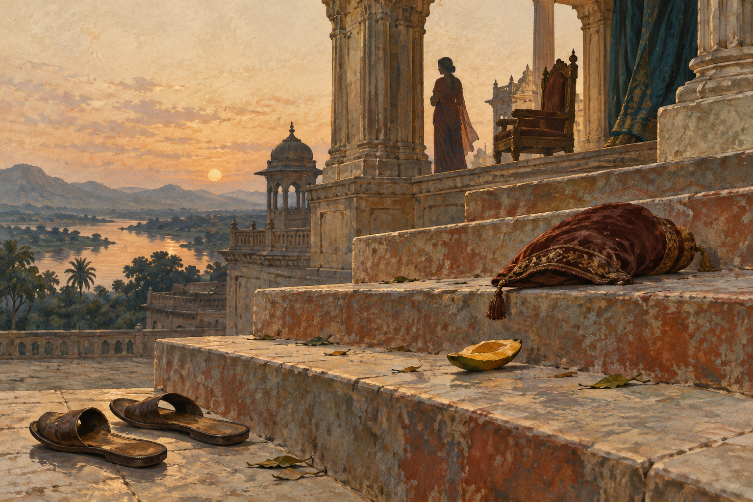 A discarded mango lies on the palace steps next to a fallen soft cushion.