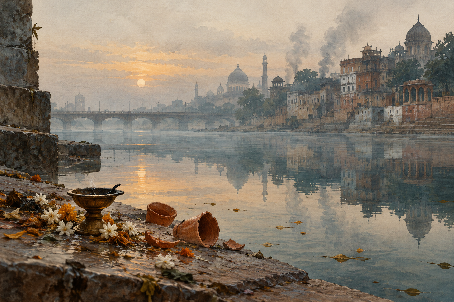 A quiet Delhi-like riverside at grey dawn, with smoke-stained houses and their reflections in still water.