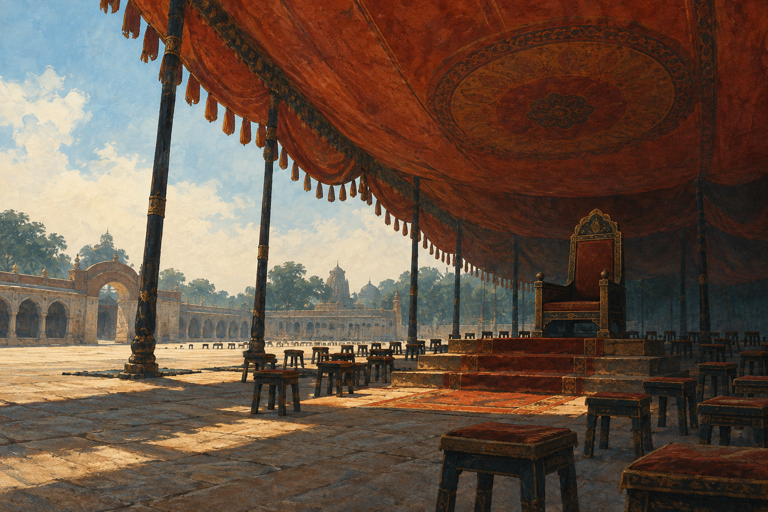 A vast pale-blue sky is partly obscured by a heavy rust-red ceremonial canopy stretching over an empty public square.