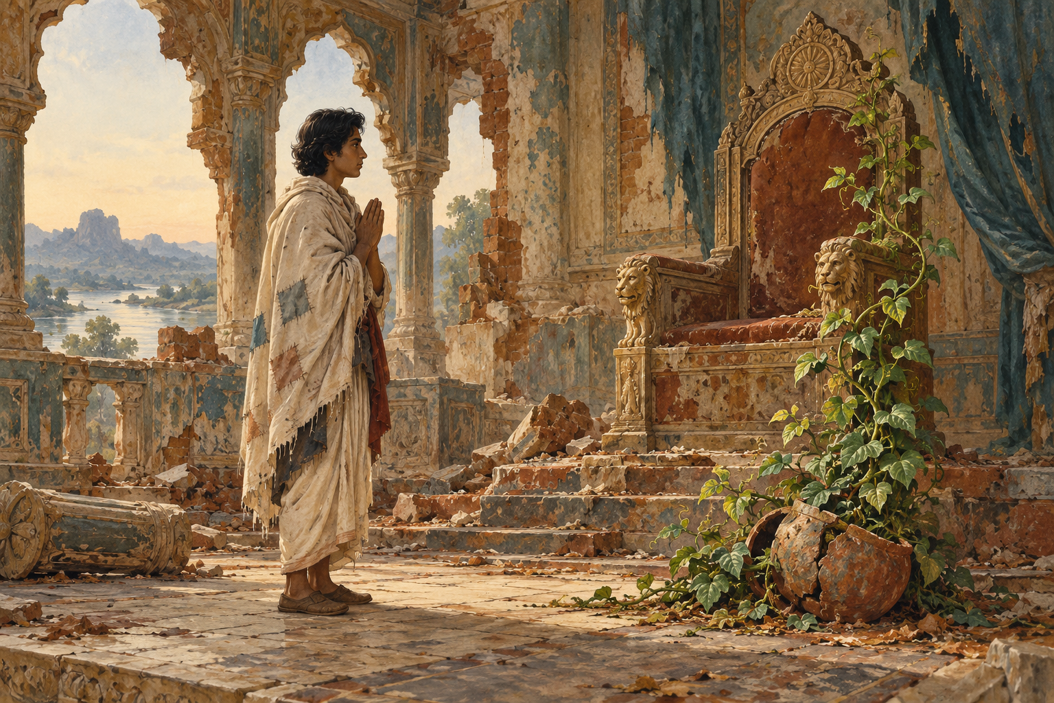 A young heir in a deliberately plain patched shawl stands with folded hands beside an empty throne in a damaged hall.