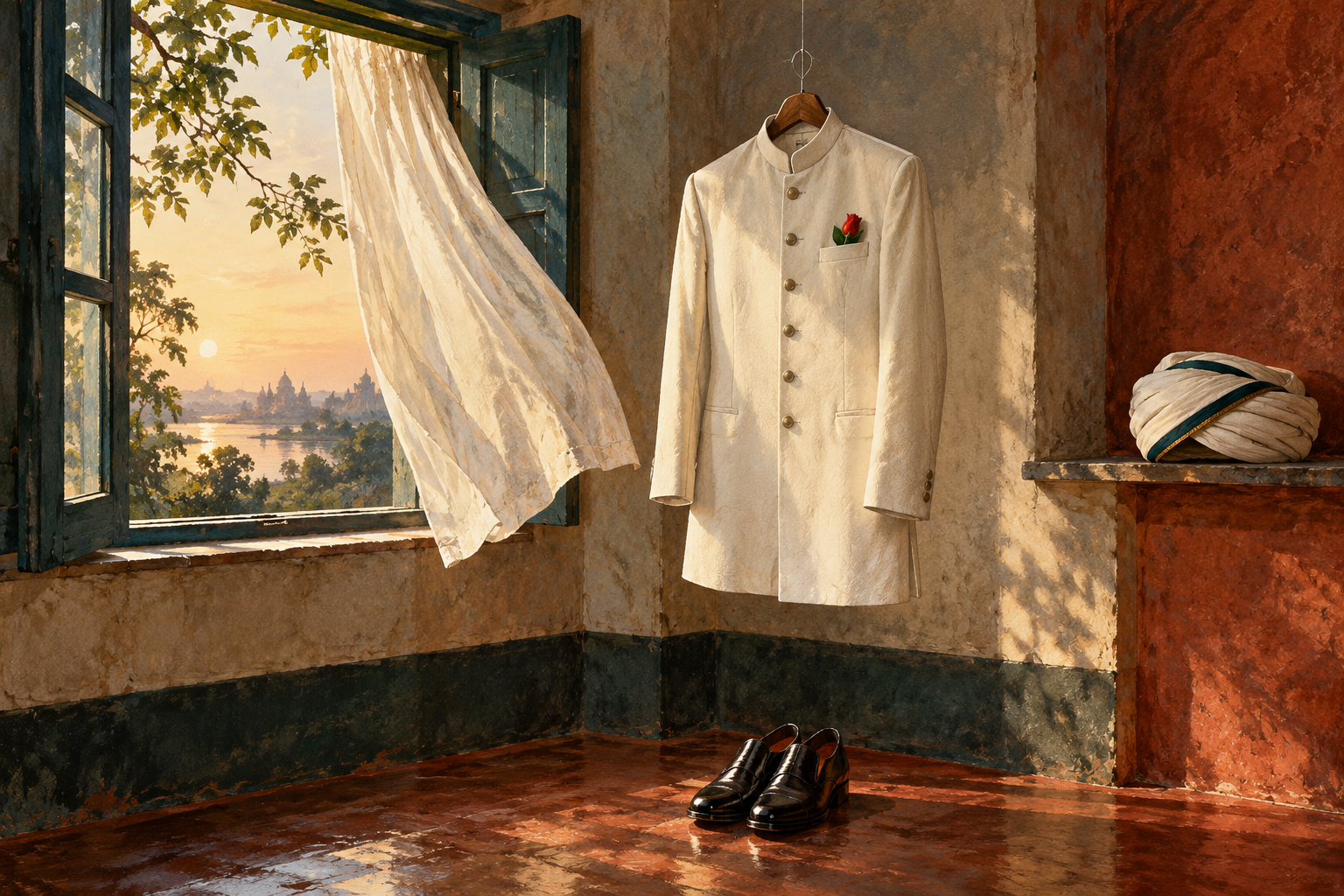 An immaculate band-collar coat with a single rosebud in its pocket hangs on a fine thread above polished shoes, with a neatly folded turban on a narrow ledge.