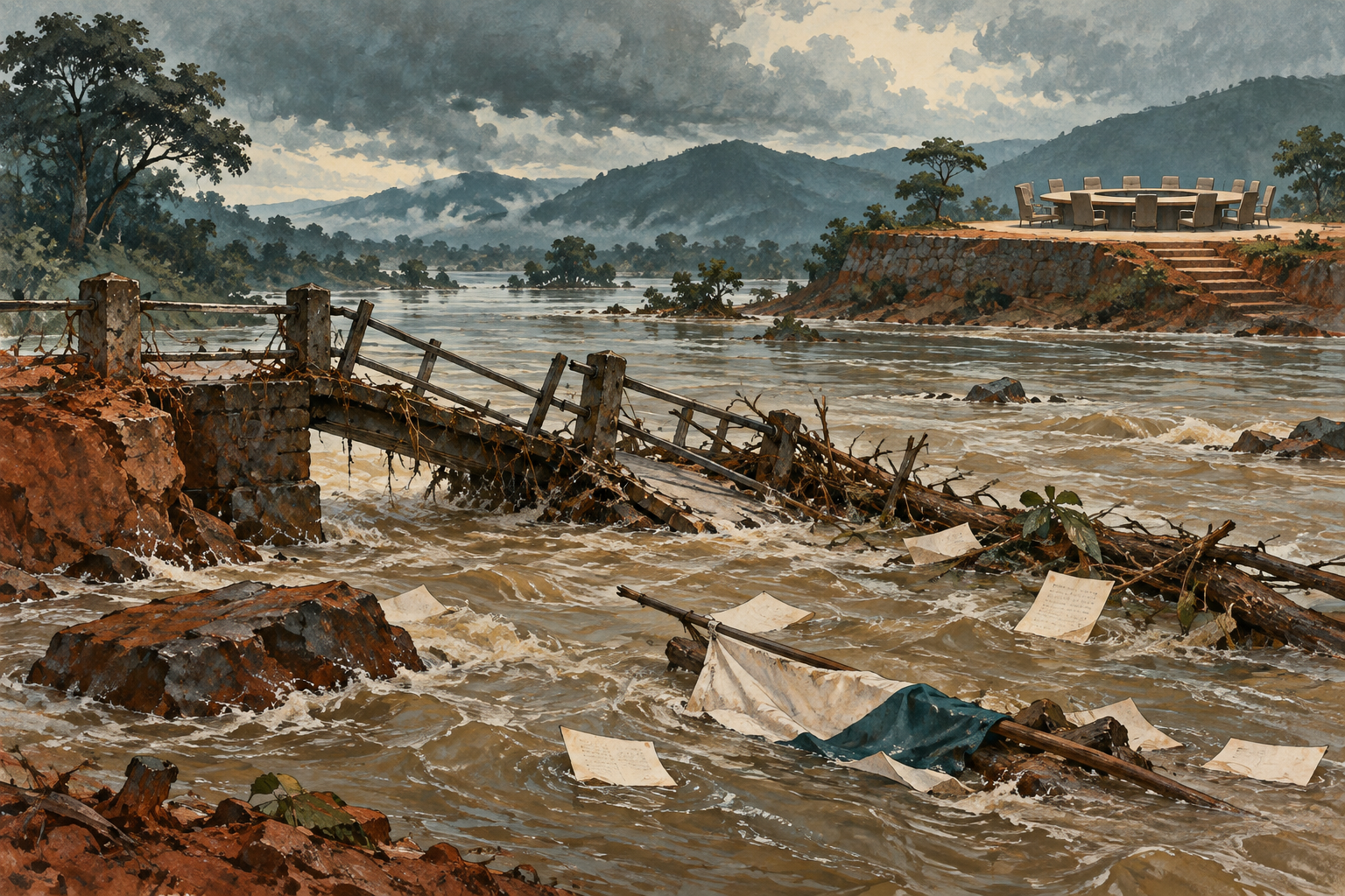 Unlettered pamphlets and a folded plain flag drift beside a broken small footbridge in floodwater.
