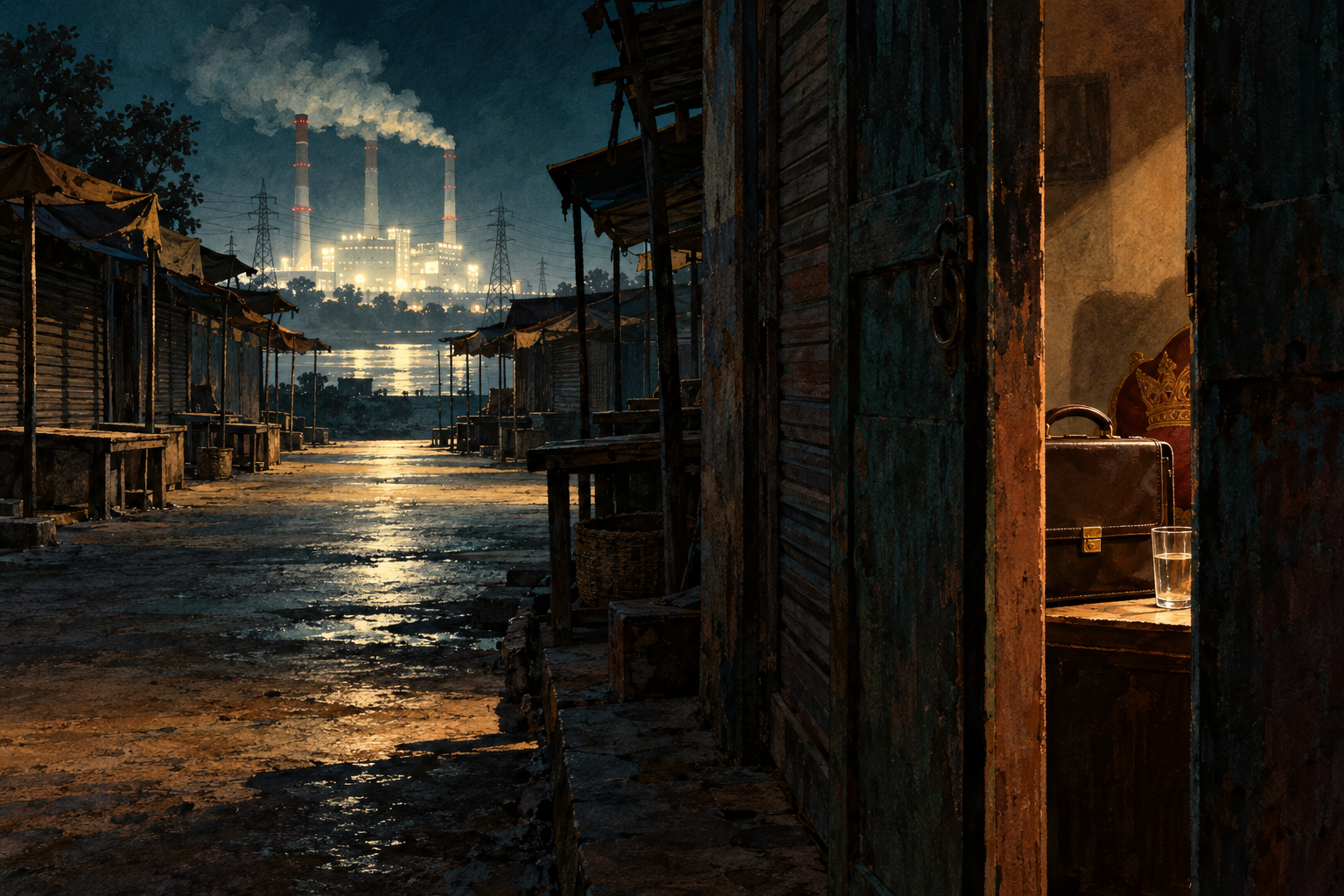 A shuttered night market is illuminated harshly by a distant power station.