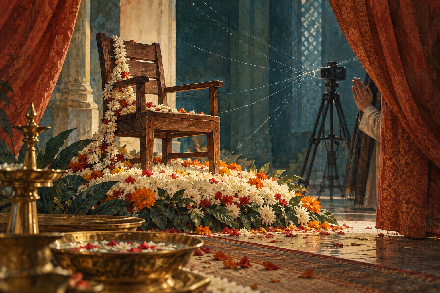 An ordinary empty wooden chair has been lifted onto a bed of ceremonial flowers.