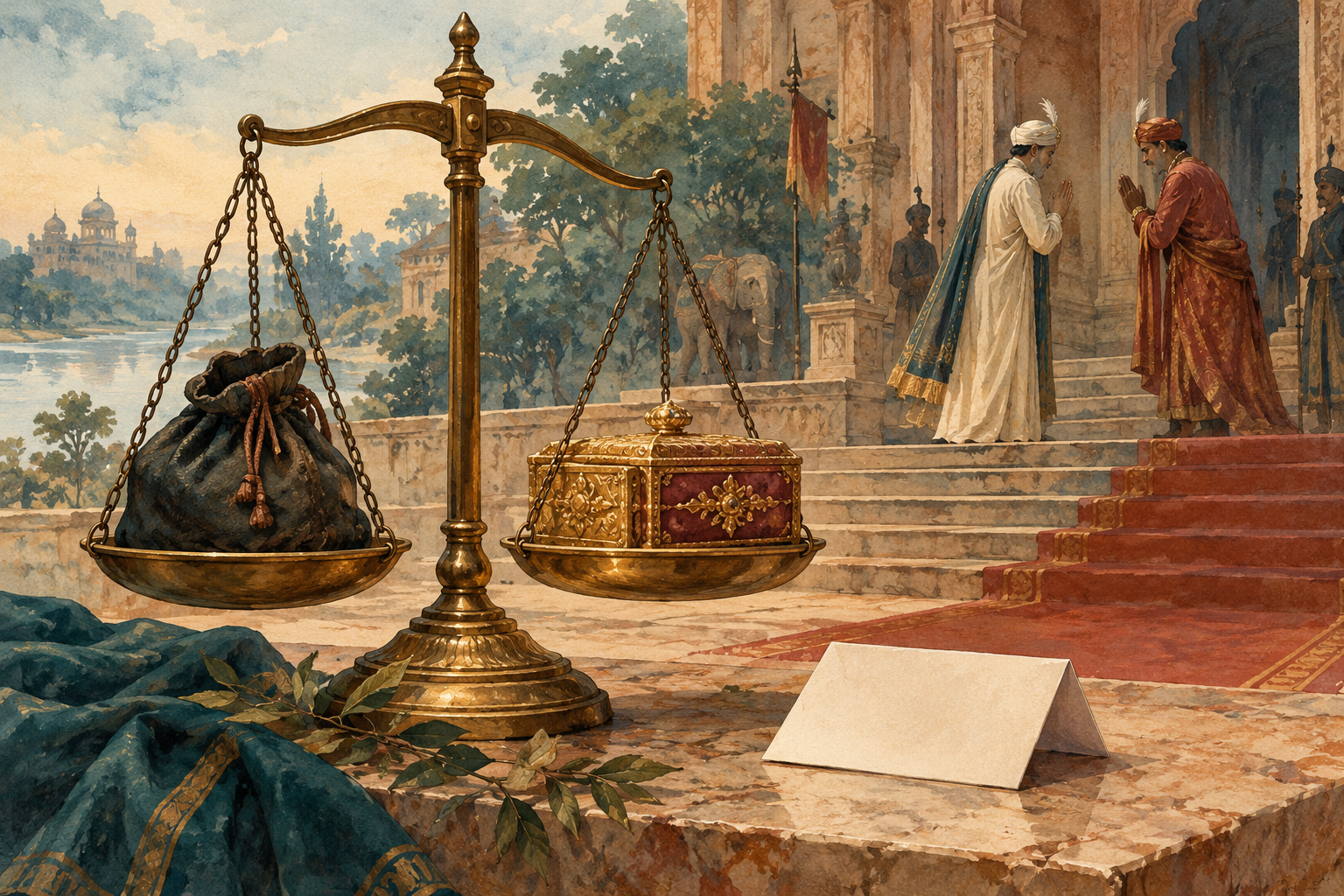 A brass balance holds a dark travel pouch in one pan and a polished ceremonial gift box in the other.