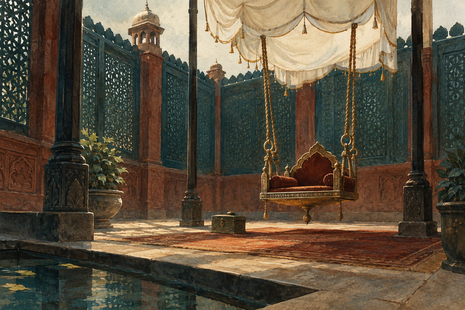 A small empty throne is suspended like a cradle beneath a fashionable pale canopy inside a fortified courtyard.